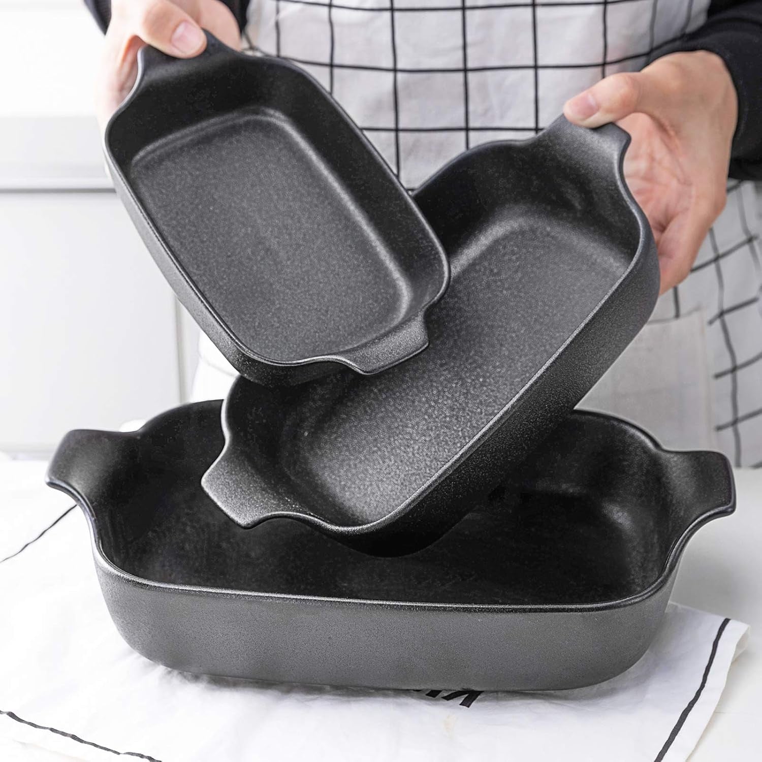 Baking Dishes, Ceramic Baking Pans Set Rectangular Casserole Dish Set Lasagna Pans Bakeware Set for Oven for Cooking, Lasagna, Dinner, Cake, Banquet and Daily Use - 3PCS (11 X 7.5 Inches, Black)
