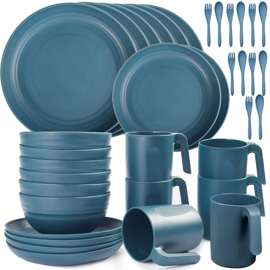 Plastic Dinnerware Sets (36PCS) - Lightweight & Unbreakable Dinnerware Set - Microwave Safe Plates Set, Bowls, Cups Mugs, Service for 6, Great for Adult (Blue)