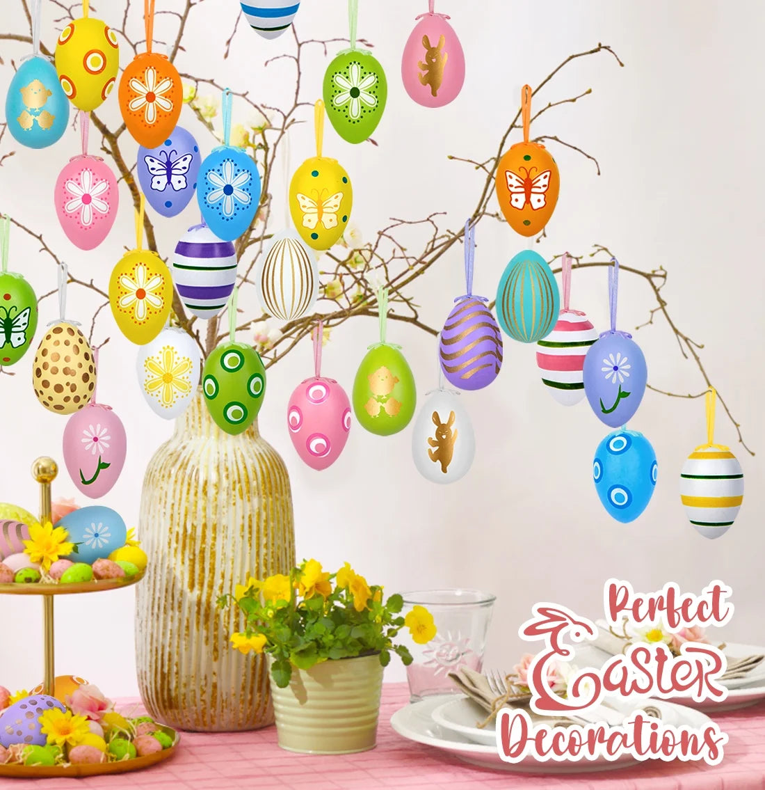 36PCS Hanging Easter Eggs, 2.36'' Tall Plastic Eggs Easter Decoration for Easter Hunt, Easter Basket Stuffers Fillers, Classroom Prize Supplies, Classroom Gifts for Easter