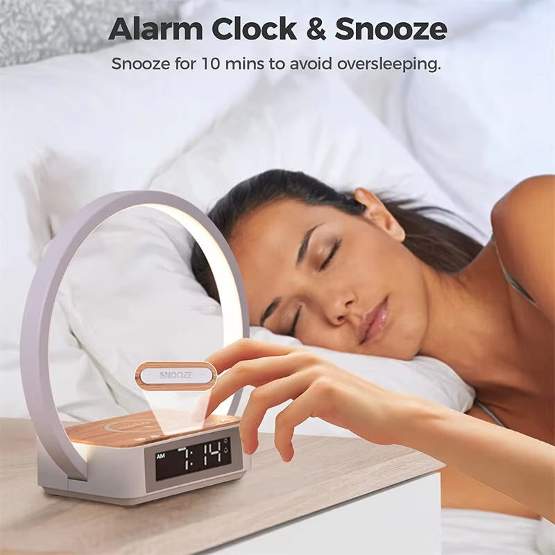 3 in 1 Wireless Charging Bedside Lamp Touch Table Lamp with Alarm Clock Wake-Up Light Nightstand Reading Night Light for Bedroom