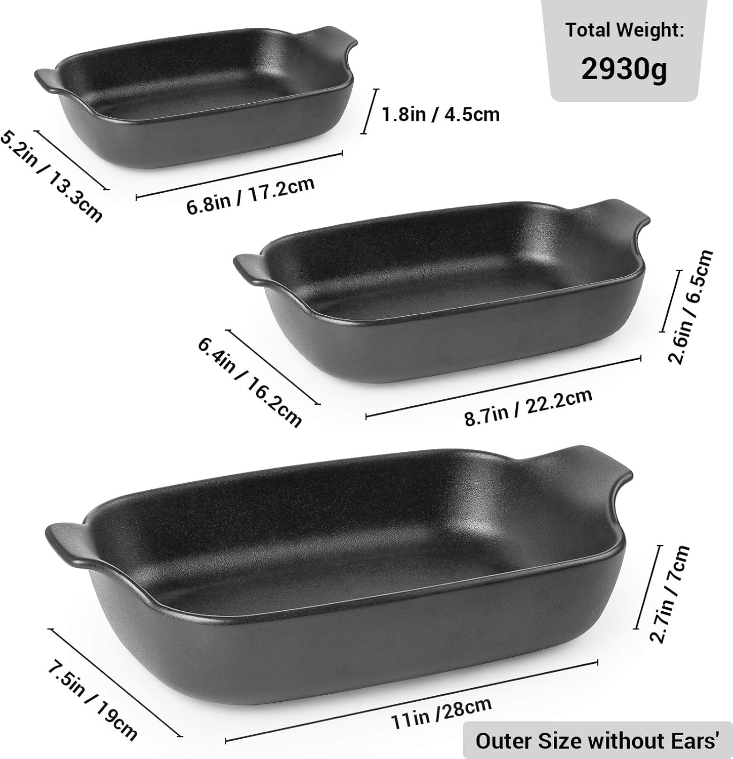 Baking Dishes, Ceramic Baking Pans Set Rectangular Casserole Dish Set Lasagna Pans Bakeware Set for Oven for Cooking, Lasagna, Dinner, Cake, Banquet and Daily Use - 3PCS (11 X 7.5 Inches, Black)