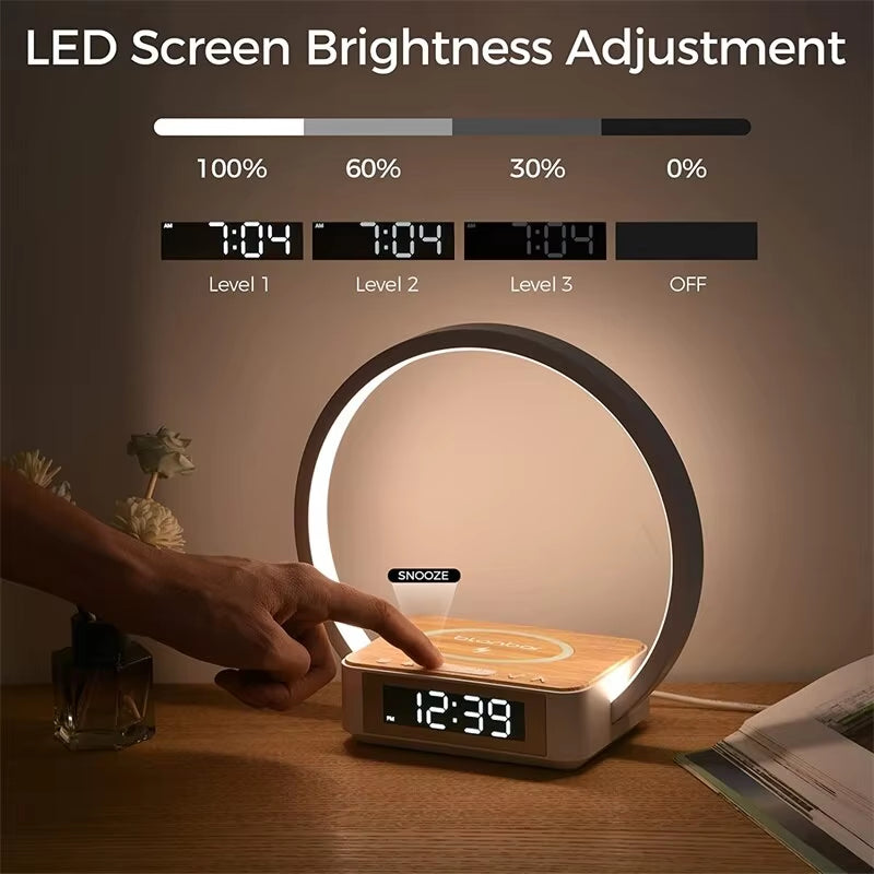 3 in 1 Wireless Charging Bedside Lamp Touch Table Lamp with Alarm Clock Wake-Up Light Nightstand Reading Night Light for Bedroom