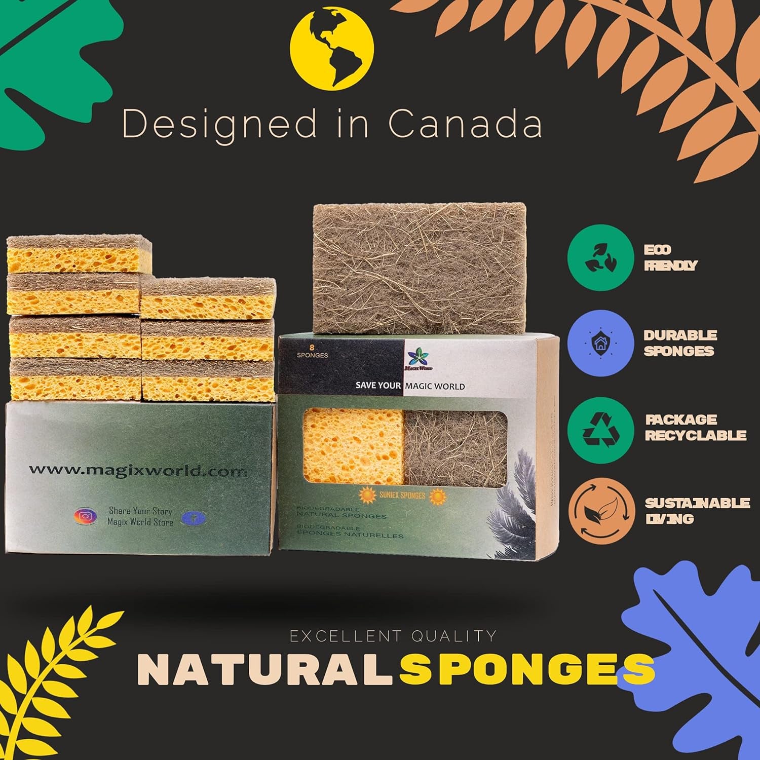 Natural Sponges for Dishes β Eco Friendly Sponges β Plant Based Compostable Sponge - Biodegradable Cellulose Sponges β Pack of 08 Walnut Scrubber Sponge β Odor Free and Non-Scratch