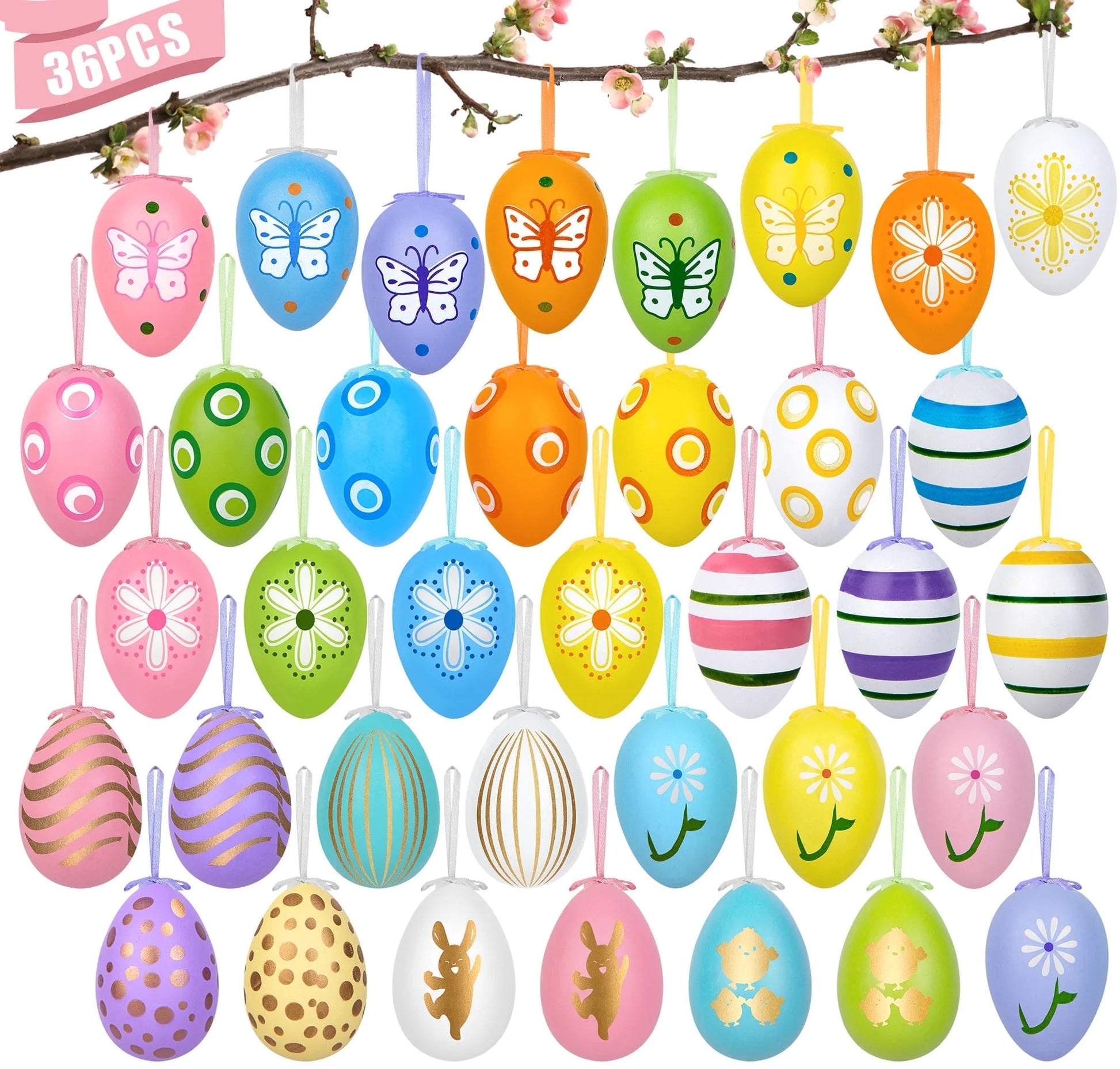 36PCS Hanging Easter Eggs, 2.36'' Tall Plastic Eggs Easter Decoration for Easter Hunt, Easter Basket Stuffers Fillers, Classroom Prize Supplies, Classroom Gifts for Easter