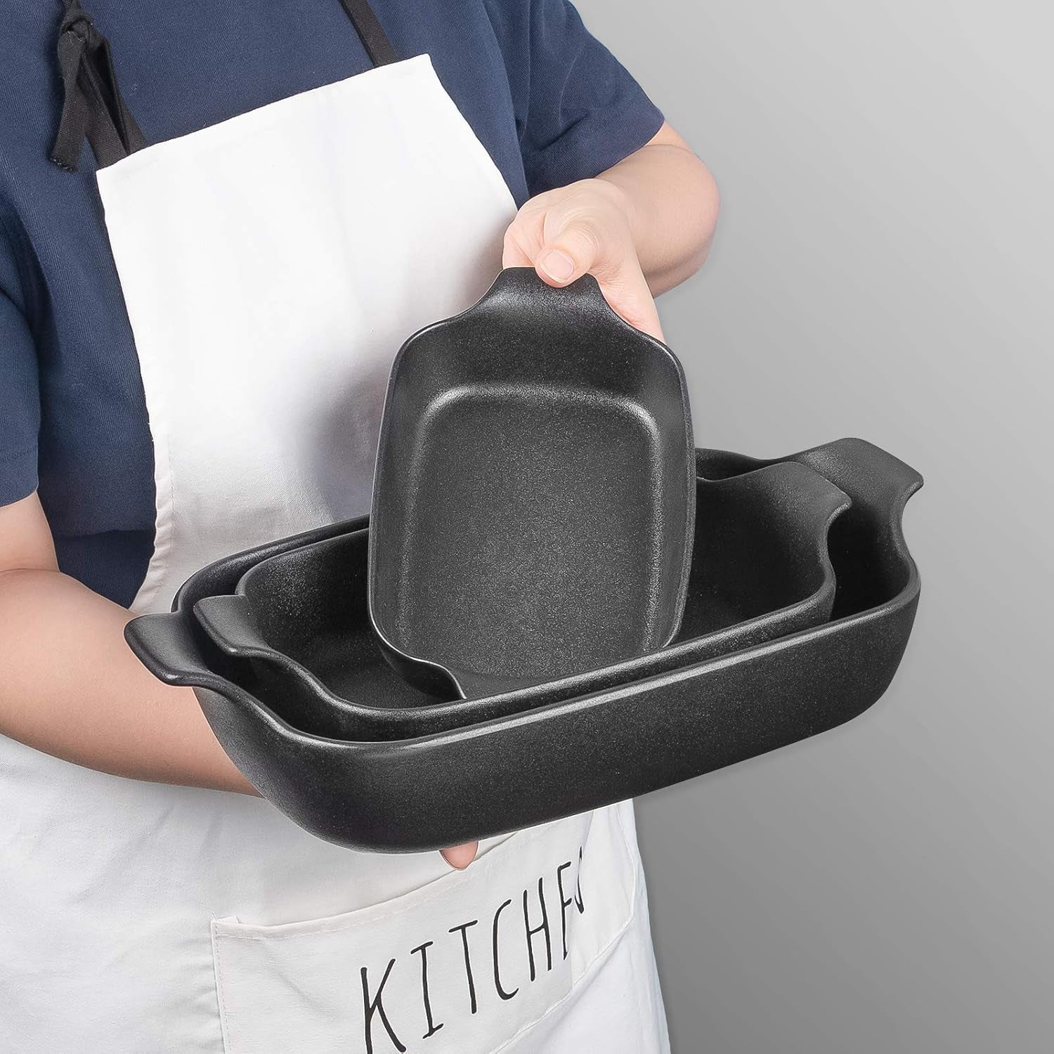Baking Dishes, Ceramic Baking Pans Set Rectangular Casserole Dish Set Lasagna Pans Bakeware Set for Oven for Cooking, Lasagna, Dinner, Cake, Banquet and Daily Use - 3PCS (11 X 7.5 Inches, Black)