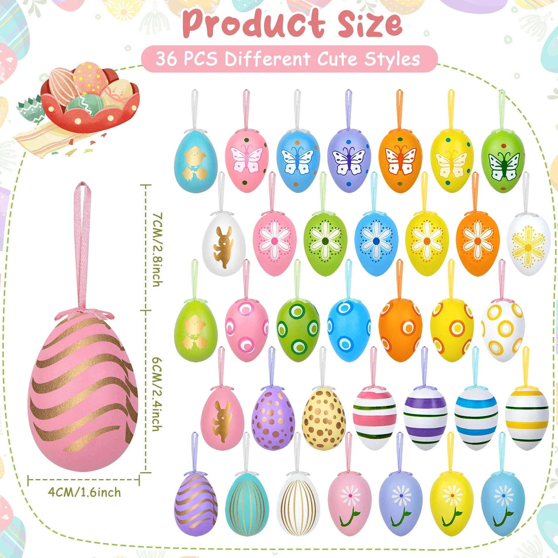 36PCS Hanging Easter Eggs, 2.36'' Tall Plastic Eggs Easter Decoration for Easter Hunt, Easter Basket Stuffers Fillers, Classroom Prize Supplies, Classroom Gifts for Easter
