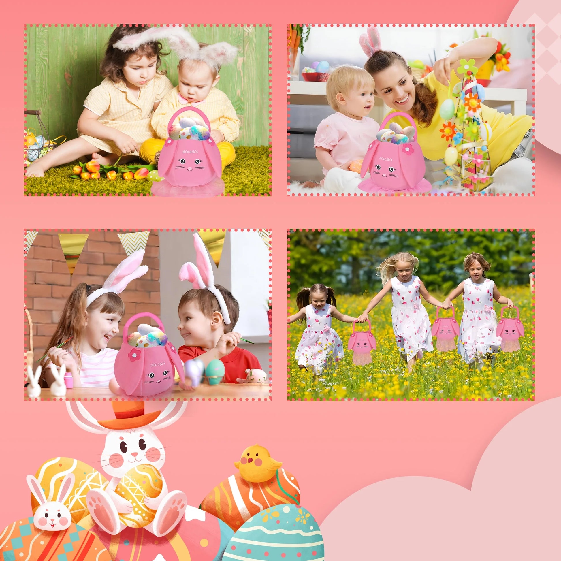 Easter Basket Plush Easter Bunny Bags Easter Basket Rabbit Buckets Easter Tote Bags Children Gift Storage Handbag Easter Basket Stuffers Pink
