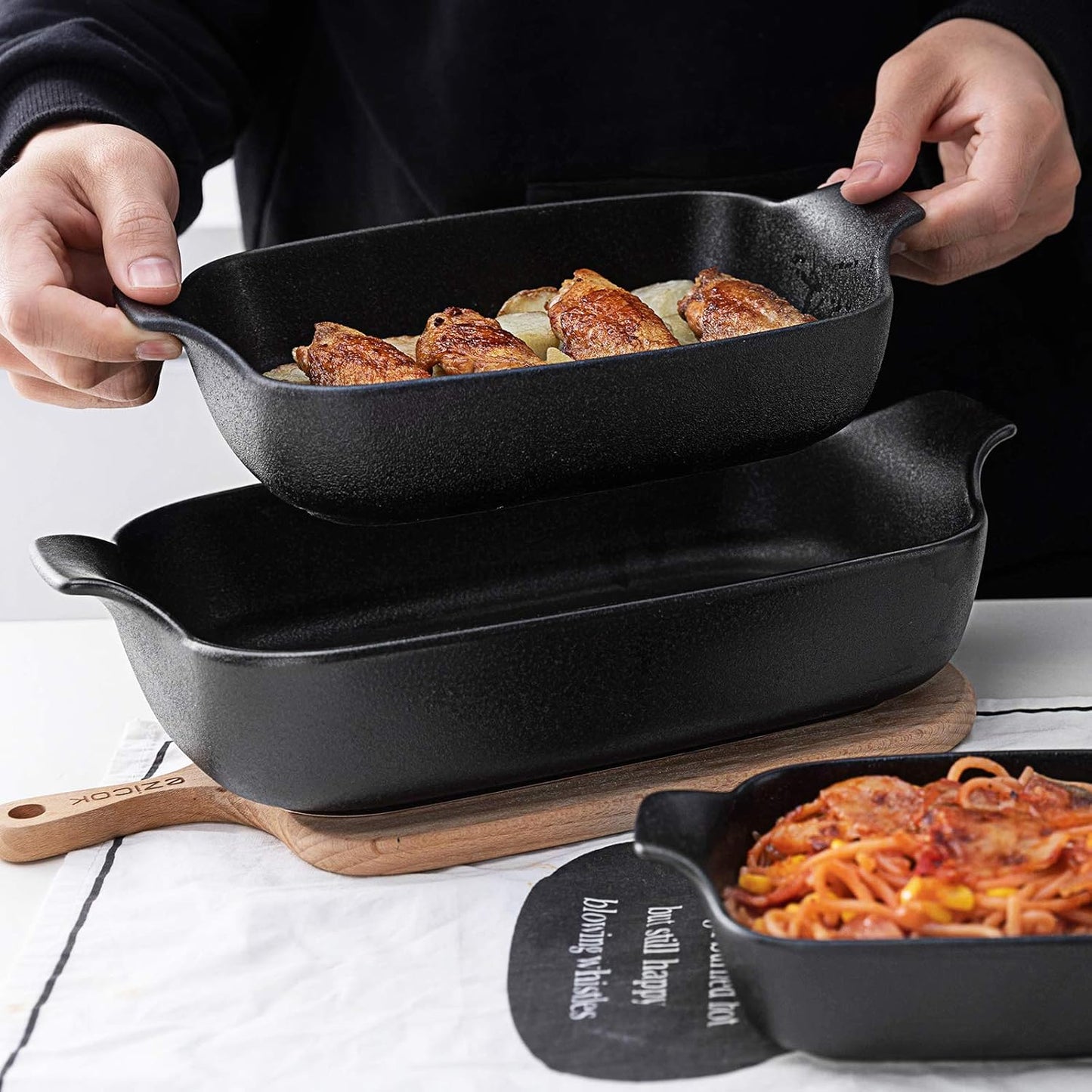 Baking Dishes, Ceramic Baking Pans Set Rectangular Casserole Dish Set Lasagna Pans Bakeware Set for Oven for Cooking, Lasagna, Dinner, Cake, Banquet and Daily Use - 3PCS (11 X 7.5 Inches, Black)