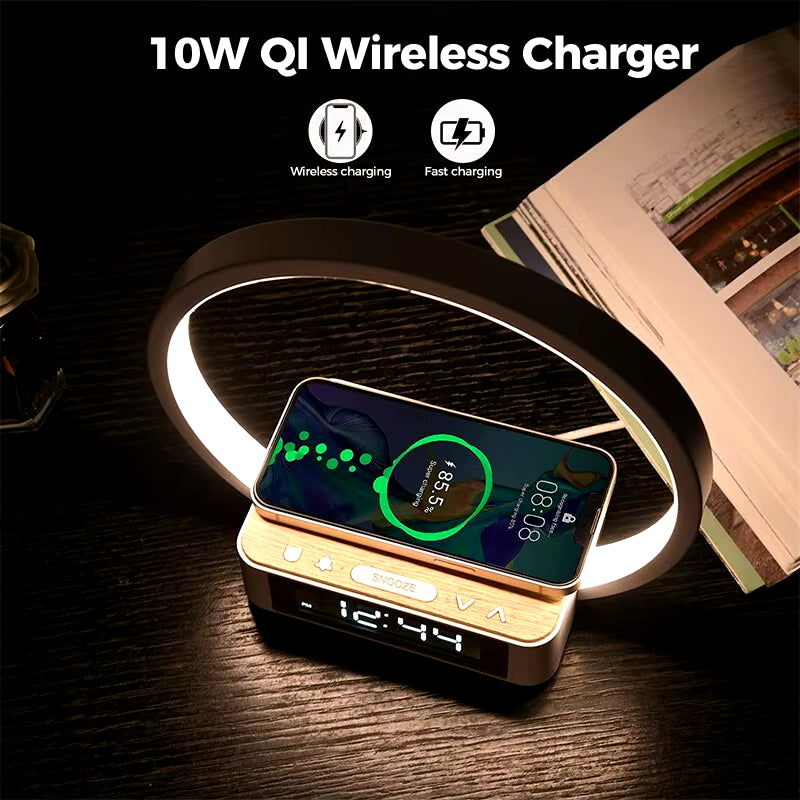 3 in 1 Wireless Charging Bedside Lamp Touch Table Lamp with Alarm Clock Wake-Up Light Nightstand Reading Night Light for Bedroom