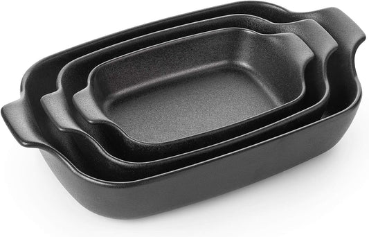Baking Dishes, Ceramic Baking Pans Set Rectangular Casserole Dish Set Lasagna Pans Bakeware Set for Oven for Cooking, Lasagna, Dinner, Cake, Banquet and Daily Use - 3PCS (11 X 7.5 Inches, Black)