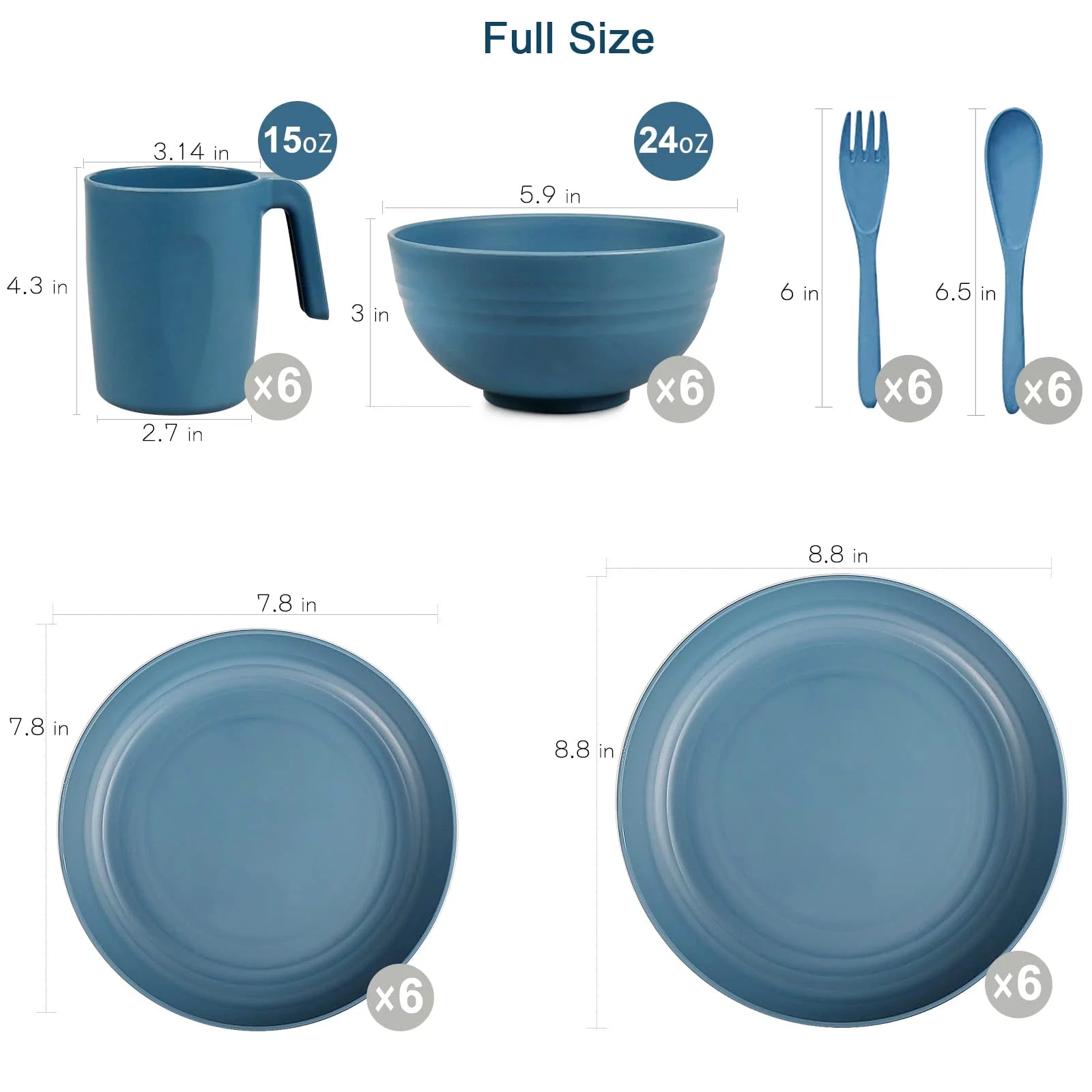 Plastic Dinnerware Sets (36PCS) - Lightweight & Unbreakable Dinnerware Set - Microwave Safe Plates Set, Bowls, Cups Mugs, Service for 6, Great for Adult (Blue)