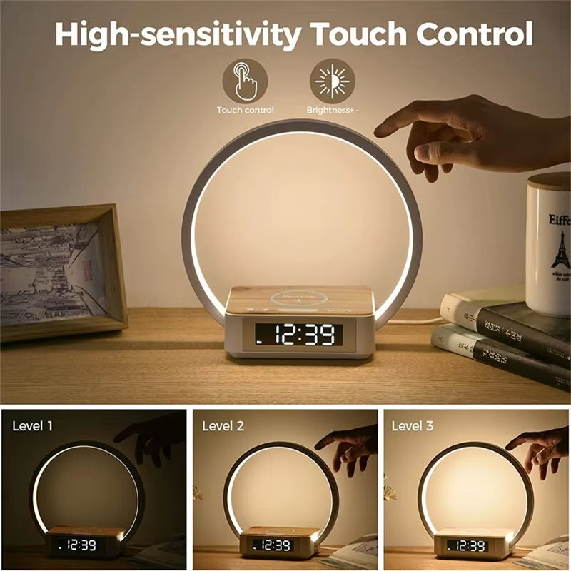3 in 1 Wireless Charging Bedside Lamp Touch Table Lamp with Alarm Clock Wake-Up Light Nightstand Reading Night Light for Bedroom