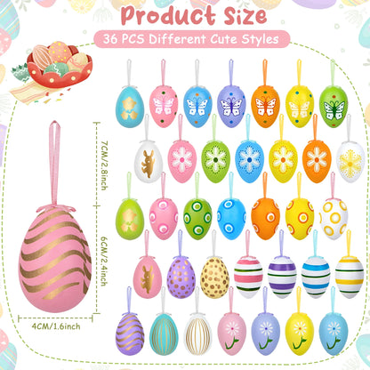 36PCS Hanging Easter Eggs, 2.36'' Tall Plastic Eggs Easter Decoration for Easter Hunt, Easter Basket Stuffers Fillers, Classroom Prize Supplies, Classroom Gifts for Easter