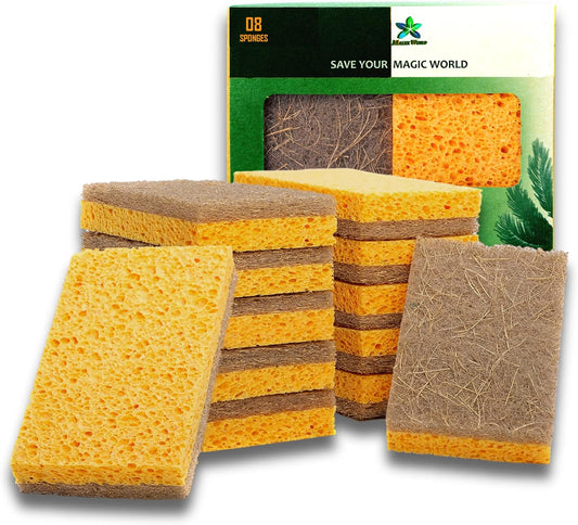 Natural Sponges for Dishes – Eco Friendly Sponges – Plant Based Compostable Sponge - Biodegradable Cellulose Sponges – Pack of 08 Walnut Scrubber Sponge – Odor Free and Non-Scratch