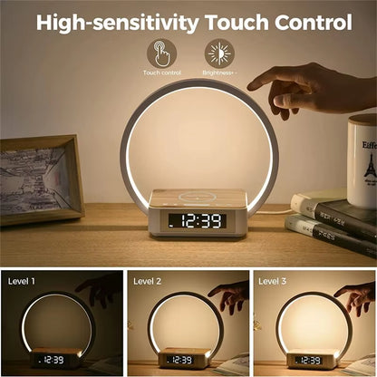 3 in 1 Wireless Charging Bedside Lamp Touch Table Lamp with Alarm Clock Wake-Up Light Nightstand Reading Night Light for Bedroom
